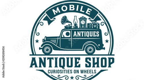 Foto Vintage mobile antique shop van with gramophone and clock, vector illustration