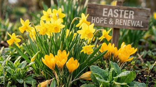 Yellow daffodils and crocus flowers blooming in spring garden bed, easter sign with hope and renewal message, bright seasonal nature background for celebration