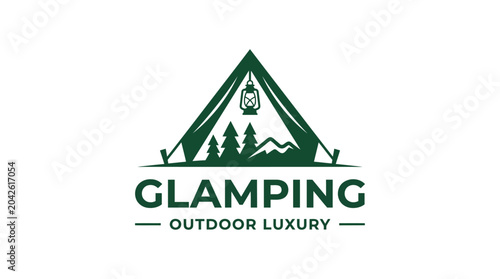 Photos Glamping logo with tent, lantern, trees, and mountains, outdoor luxury concept