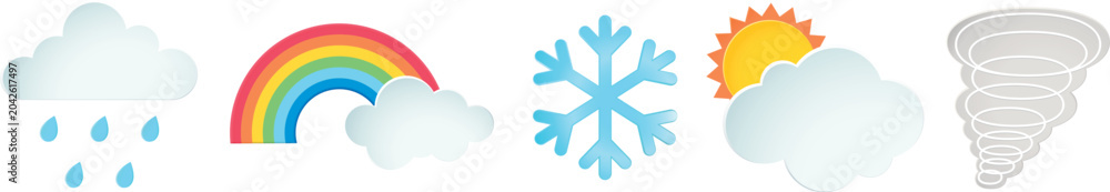 Obraz premium Vector icons of weather: rain cloud, rainbow, snowflake, sun, and tornado.