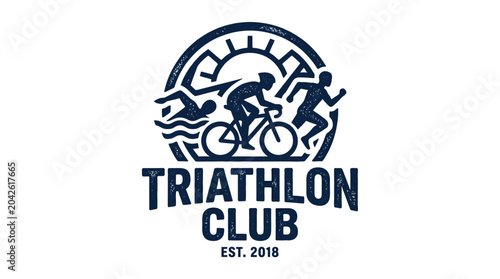 Triathlon club logo with swimming cycling running graphic element, vintage distressed style