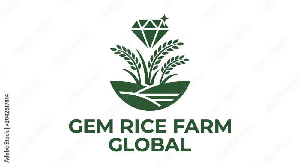 Obraz premium Green diamond gem on rice plant stalks above farm land, vector logo