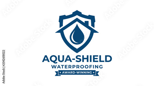 Konstfotografi Aqua-Shield Waterproofing logo with shield, house and water drop graphic element