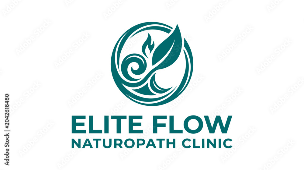 Fototapeta premium Teal leaf and swirl logo for naturopath clinic, isolated on white