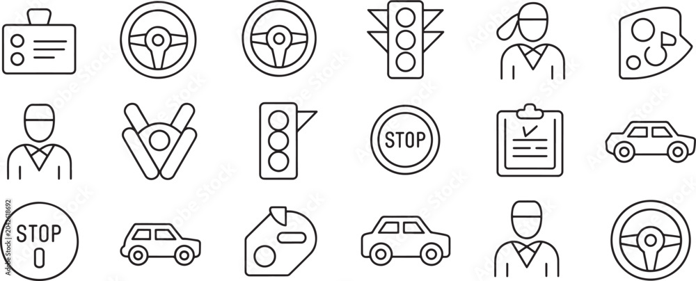 Fototapeta premium Icons Driving School and Road Safety Black Outline Collection of Various Learning Symbols on a White Background