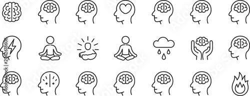 Foto Brains and Mental State Icons Showing Various Concepts Like Lightning, Meditation, Self-Care, and Mindfulness in a Linear Style