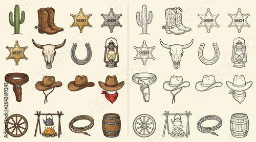 Fotografie Collection of Western cowboy elements and symbols, including boots, hats, sheriff badges, and cacti, presented in both color and line art