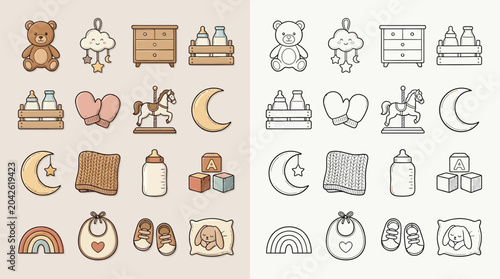 Foto Collection of cute baby icons in color and outline, representing toys, clothing, and nursery items