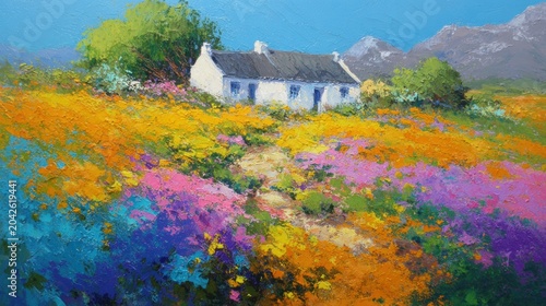 Bright flowers surround a white house in a colorful landscape during springtime