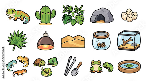 Konstfotografi Cute cartoon collection of reptile and amphibian pet care items and accessories