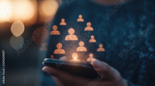 Using a smartphone to connect with contacts in a digital space at sunset