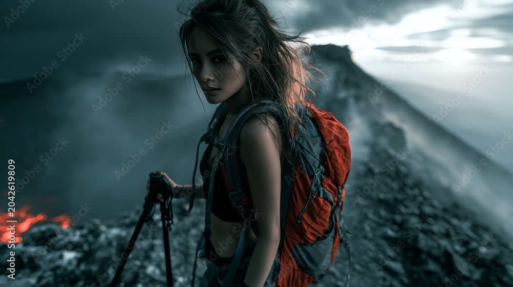 Obraz premium Dramatic Portrait of Woman on Misty Mountaintop at Dusk with Epic View