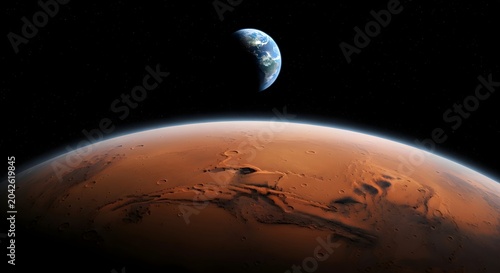 Mars surface and Earth planet in outer space