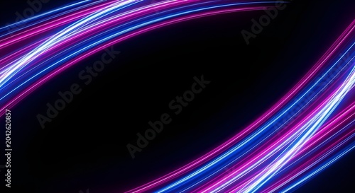 Dynamic glowing neon light trails with vibrant blue and magenta streaks curved across a deep black empty digital space