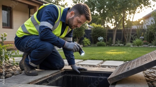 Worker inspects outdoor drain with flashlight