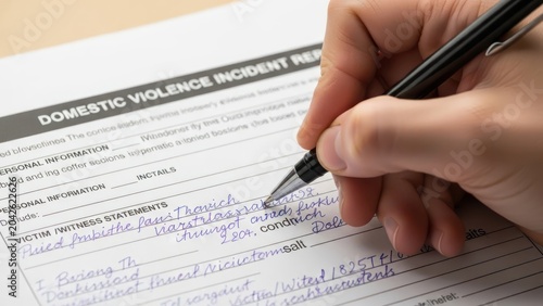 Close-up of domestic violence incident report form being filled out with pen in hand
