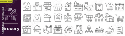 Grocery icon set. Containing food, market shop, supermarket cart, basket, retail, fresh vegetables, and more. Editable stroke. Vector illustration