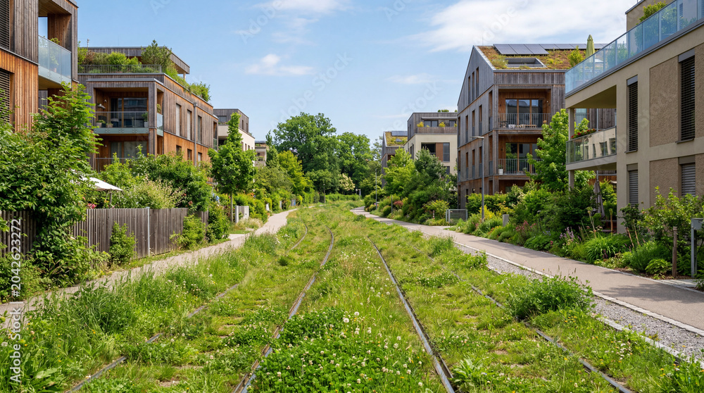 Fototapeta premium Sustainable city light rail tracks completely overgrown with lush green grass on sunny day morning