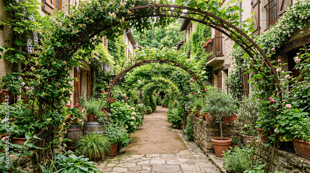 Fototapeta premium Quiet urban eco district alleyway completely transformed into green corridor filled with potted plants vegetation