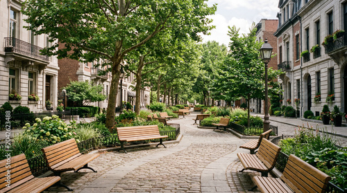 Pedestrianized city street featuring functional pocket parks comfortable wooden benches and lovely mature shade trees