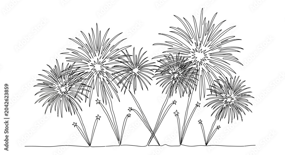 Obraz premium Drawing of fireworks exploding in the night sky, festive, celebratory, black and white sketch