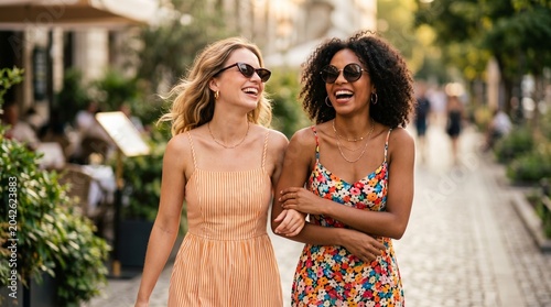 Friends walk together on a sunny street in summer while laughing and enjoying their time outdoors