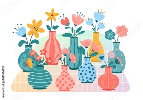 Colorful bouquet of blooming flowers in a decorative vase on a white background