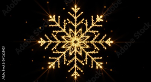 Golden glowing snowflake against black background with sparkling light effects