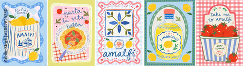 Amalfi. Mediterranean summer. Vector illustration of Italian lemons, tomatoes, pasta, limoncello, and ceramic tiles from Italy. Frame for a poster, postcard, or T-shirt print.