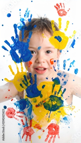 Young boy peeking through glass window covered in colorful finger paint handprints during creative playtime activities for early childhood education
