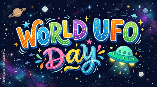 World UFO Day colorful lettering with flying saucer and planets in starry sky background