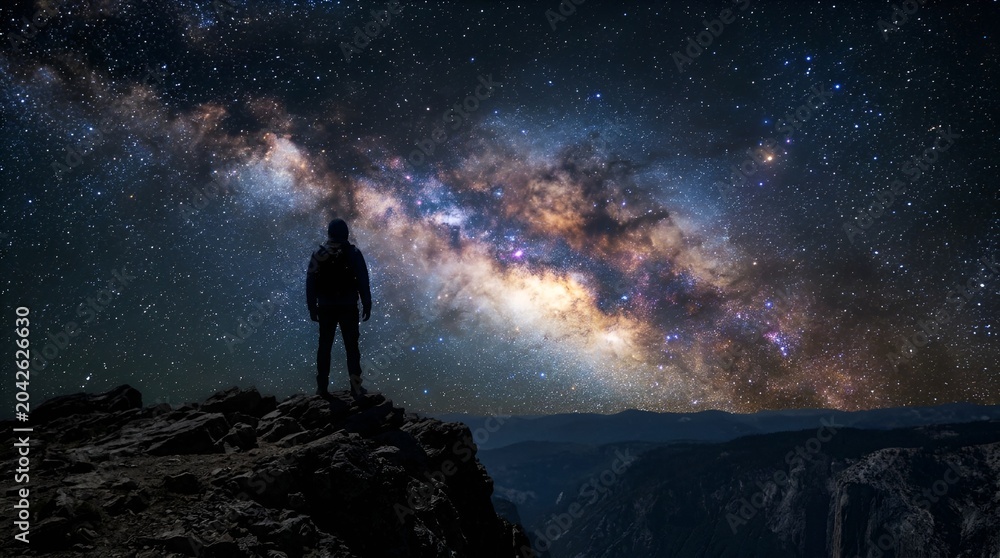 Fototapeta premium Man silhouette on cliff edge gazing at vibrant Milky Way galaxy, starlit night sky