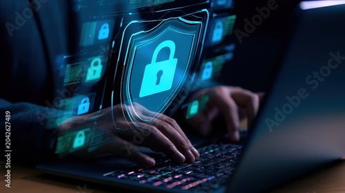 Hands typing on a laptop with digital lock symbols overlaid on the screen in a dark setting during nighttime