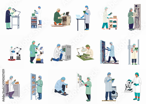 Flat vector illustration set of engineers and technicians in cleanroom suits working on electronics, circuit boards, and robotics in a high-tech factory.