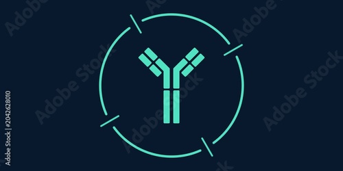 Antibody molecule bound to pathogen cell within scanning target. Drug discovery and immune binding concept scene. Medical research technology graphic. 
