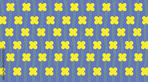 Cuadro en lienzo Repeating floral seamless pattern with small yellow four-petal flowers arranged in neat rows on a blue background