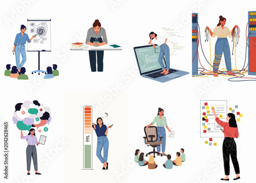 Set of illustrations depicting professional burnout, work stress, and the overwhelming challenges of modern office life and multitasking through various scenarios.