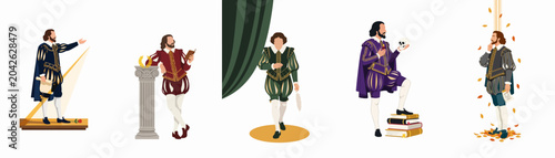 Tableau sur toile Collection of William Shakespeare character illustrations in various historical poses, including acting on stage, writing with a quill, and holding a skull