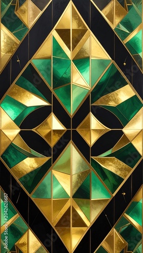 Elegant geometric pattern with shimmering emerald green and golden yellow abstract shapes, creating a luxurious Art Deco inspired design with a dark background