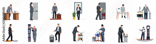 Photos Vector illustrations of office professionals performing various administrative and clerical tasks in a business environment
