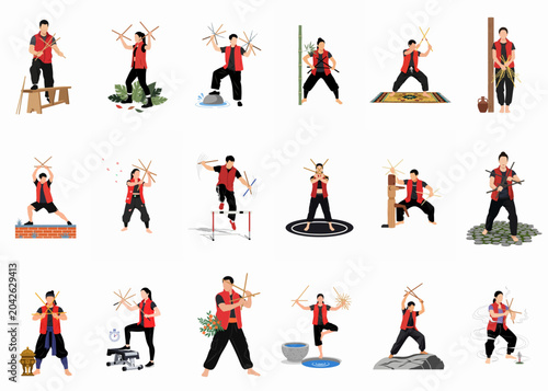 Fotografie Collection of flat vector illustrations showing diverse people practicing Arnis Filipino martial arts with sticks in various poses and training settings