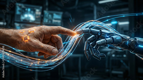 A human hand with embedded computer chips making contact with a robotic hand via glowing data cables
