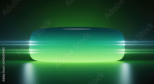 Glowing Green Pill with Light Rays on Dark Background - Abstract Medical Tech Concept