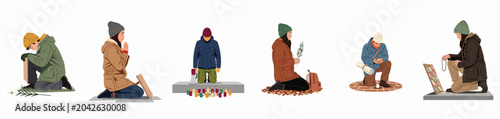 Schilderij op canvas Set of illustrations depicting people in various poses of mourning, prayer, and remembrance, wearing winter clothing while offering solemn tributes