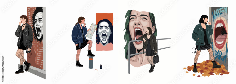 Obraz premium Collection of four vector illustrations of a stylish young woman in alternative punk-rock fashion against urban backgrounds featuring expressive street art and screaming faces.