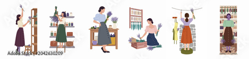 Schilderij op canvas Flat illustration collection of women harvesting, drying, and arranging lavender bunches in a rustic studio setting