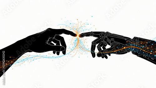 Conceptual illustration of human and robot hands reaching out with digital sparks on white background