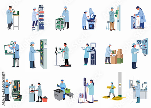 Flat vector set of factory workers in lab coats performing various tasks in an electronics production facility, including assembly, testing, and quality control.