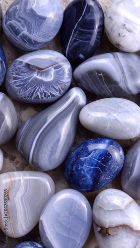 Close-up of a captivating collection of smooth, polished blue, grey, and white banded stones, showcasing their intricate natural patterns and serene colors, perfect for tranquil aesthetics