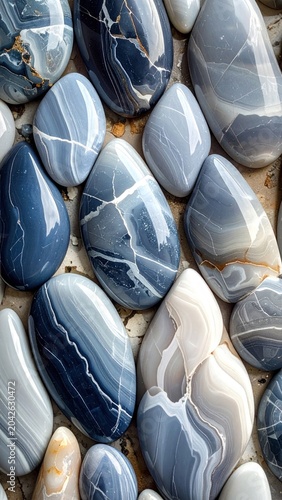 Captivating collection of smooth, polished natural stones featuring serene blue, grey, and white tones with intricate banding and unique patterns, forming an elegant and organic texture